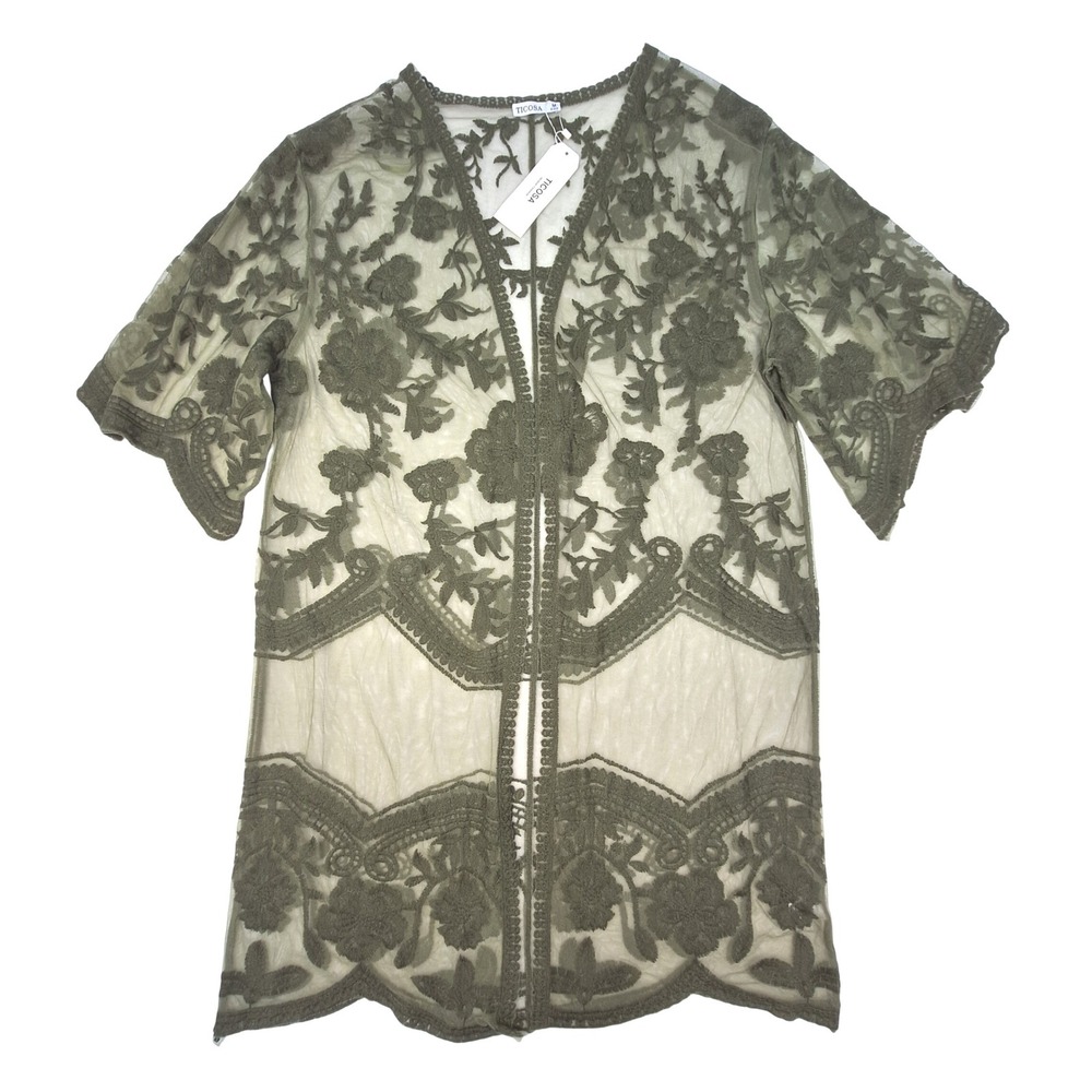 Kimono Duster Womens Medium Army Green Floral Embroidered Sheer Mesh Boho NWT